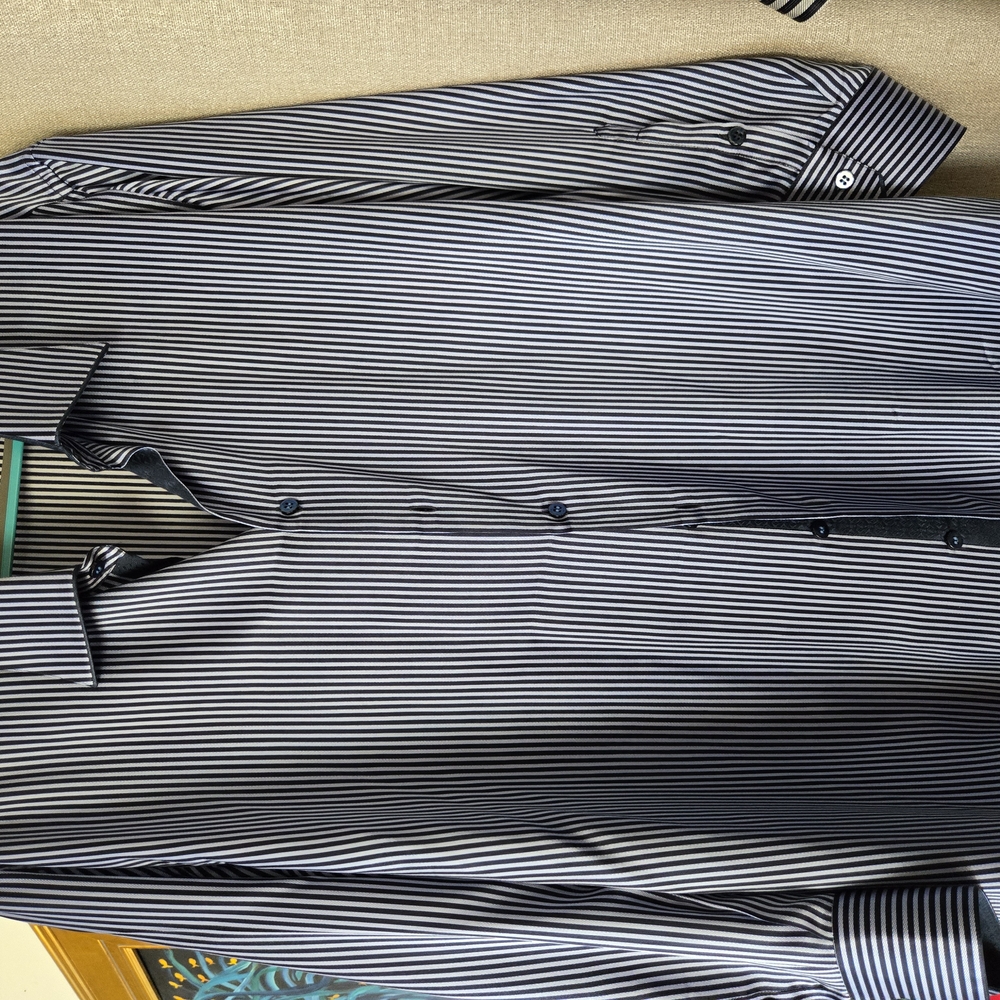 Italian Custom Navy Striped Button-Up Shirt.$800 Formal